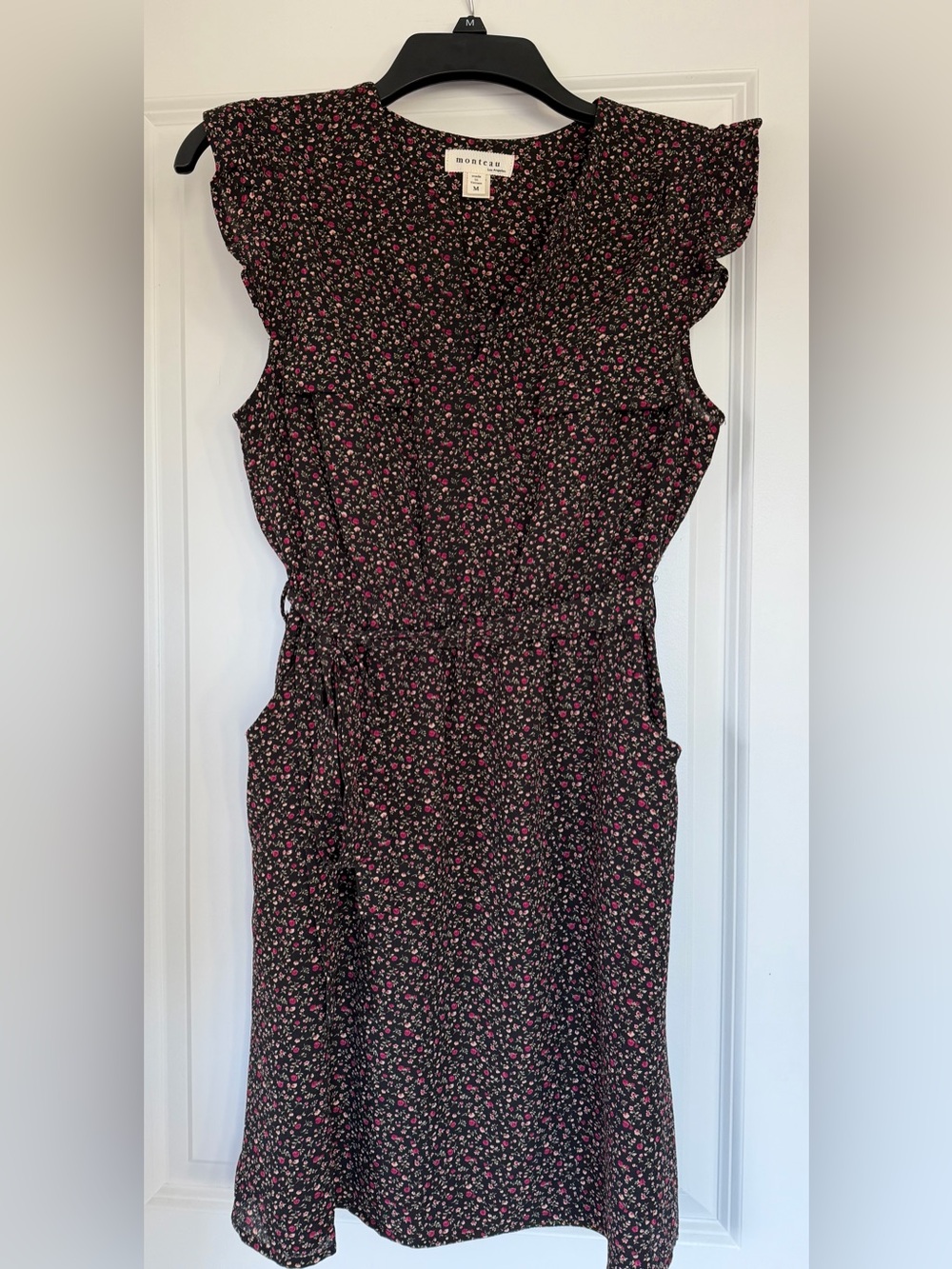 Monteau Black Midi Dress with Pink Floral ditsy print, v-neck, & pockets
